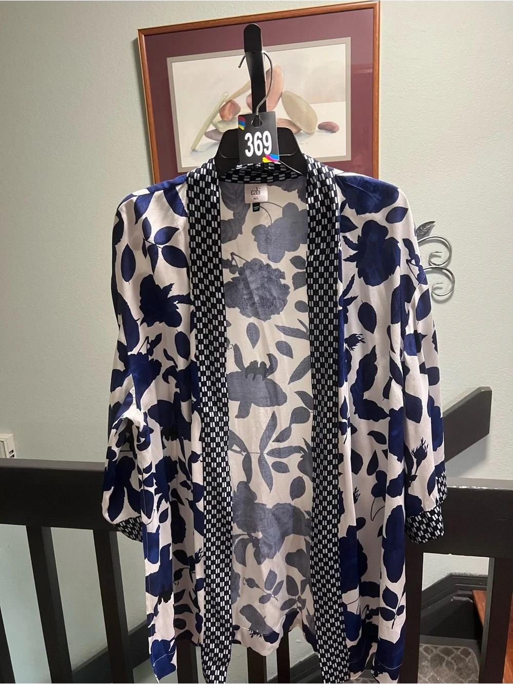 NWOT CAbi Navy and White Floral & Check Open Cardigan #369